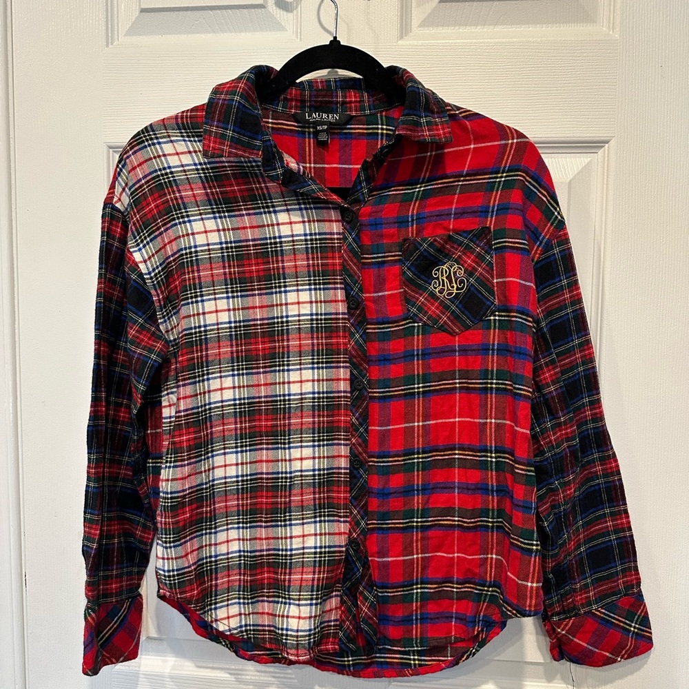 Women’s Ralph Lauren Mixed Plaid Button-Up PJ Top – Size XS | Festive Cozy 🎄